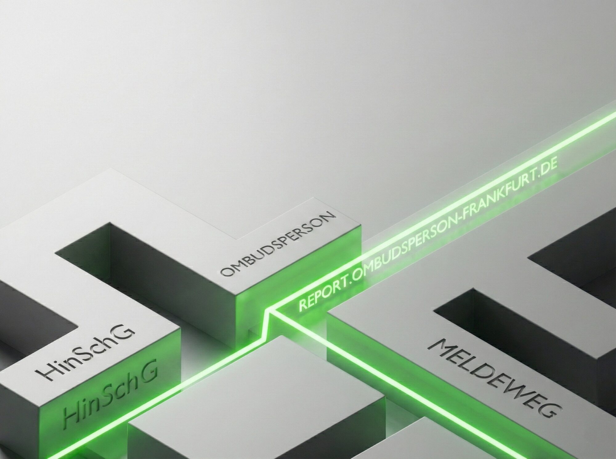 Abstraktes, helles Bild mit einem neon-grünen Pfad durch ein weißes Labyrinth, symbolisiert sichere HinSchG-Meldewege.