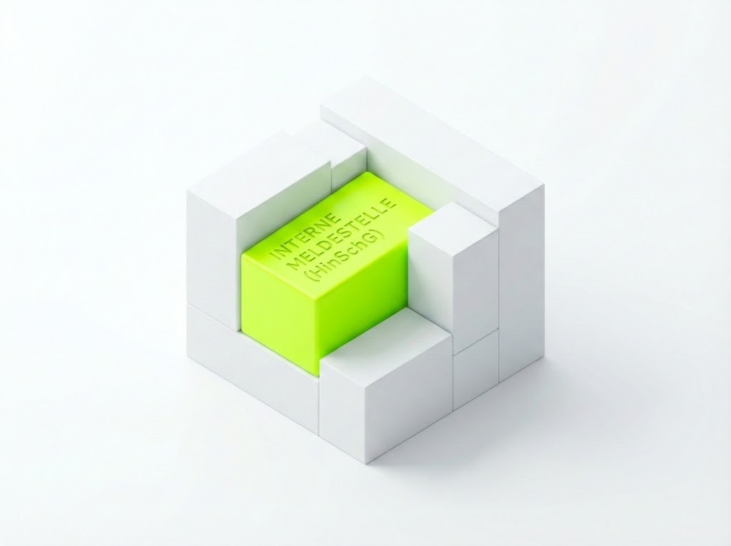 Helle 3D-Grafik: Ein grünes Modul „Interne Meldestelle“ wird reibungslos in eine weiße Organisationsstruktur eingesetzt.